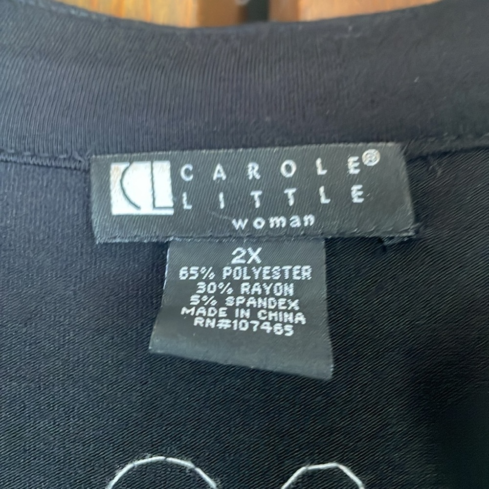 Carole Little. Plus Size 2X. Black Top with White Shiny Embroidered Designs - Picture 2 of 16
